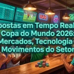 Fãs entusiasmados em um bar assistem à Copa do Mundo em telas de apostas.