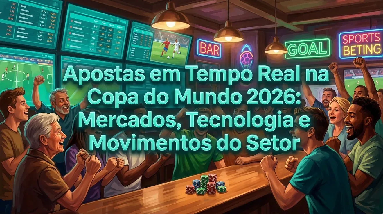 Fãs entusiasmados em um bar assistem à Copa do Mundo em telas de apostas.
